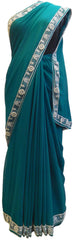 Turquoise Designer Wedding Partywear Georgette Pearl Hand Embroidery Work Bridal Saree Sari E062