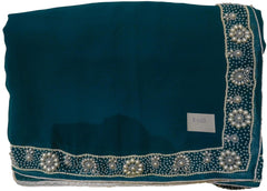 Turquoise Designer Wedding Partywear Georgette Pearl Hand Embroidery Work Bridal Saree Sari E062