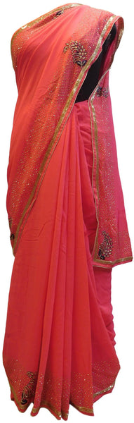 Pink Designer Wedding Partywear Georgette (Viscos) Thread Cutdana Beads Stone Hand Embroidery Work Bridal Saree Sari E063