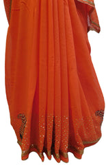 Orange Designer Wedding Partywear Georgette (Viscos) Thread Cutdana Beads Stone Hand Embroidery Work Bridal Saree Sari E064