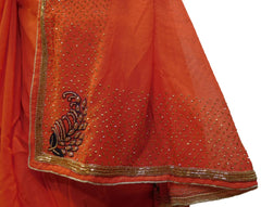 Orange Designer Wedding Partywear Georgette (Viscos) Thread Cutdana Beads Stone Hand Embroidery Work Bridal Saree Sari E064