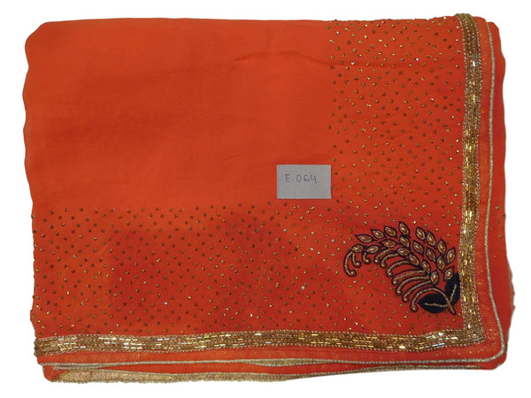 Orange Designer Wedding Partywear Georgette (Viscos) Thread Cutdana Beads Stone Hand Embroidery Work Bridal Saree Sari E064