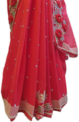 Pink Designer Wedding Partywear Georgette Thread Pearl Stone Hand Embroidery Work Bridal Saree Sari E067