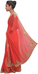 Red Designer Wedding Partywear Georgette Thread Cutdana Beads Stone Hand Embroidery Work Bridal Saree Sari E068