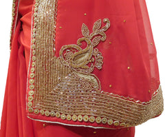 Red Designer Wedding Partywear Georgette Thread Cutdana Beads Stone Hand Embroidery Work Bridal Saree Sari E068
