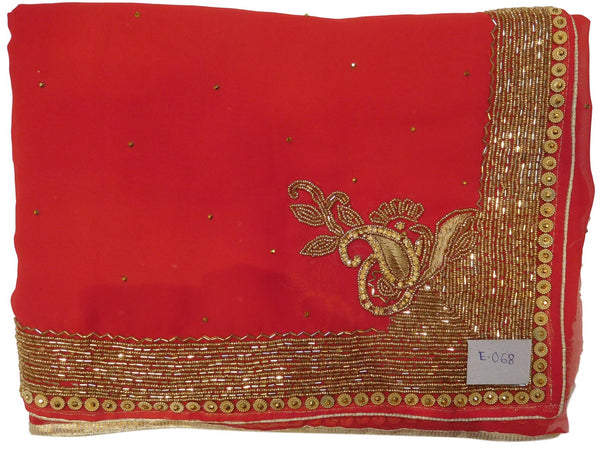 Red Designer Wedding Partywear Georgette Thread Cutdana Beads Stone Hand Embroidery Work Bridal Saree Sari E068