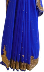 Blue Designer Wedding Partywear Georgette Thread Cutdana Beads Stone Hand Embroidery Work Bridal Saree Sari E069