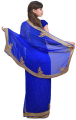 Blue Designer Wedding Partywear Georgette Thread Cutdana Beads Stone Hand Embroidery Work Bridal Saree Sari E069