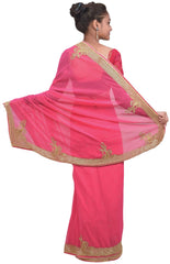 Pink Designer Wedding Partywear Georgette Thread Cutdana Beads Stone Hand Embroidery Work Bridal Saree Sari E070