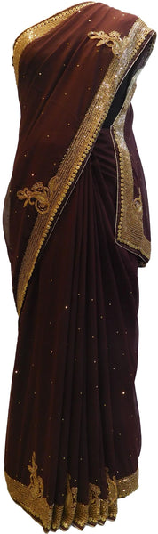 Coffee Brown Designer Wedding Partywear Georgette Thread Cutdana Beads Stone Hand Embroidery Work Bridal Saree Sari E071