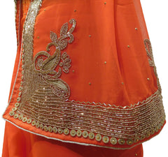 Orange Designer Wedding Partywear Georgette Thread Cutdana Beads Stone Hand Embroidery Work Bridal Saree Sari E073