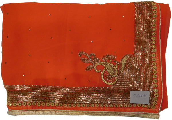 Orange Designer Wedding Partywear Georgette Thread Cutdana Beads Stone Hand Embroidery Work Bridal Saree Sari E073