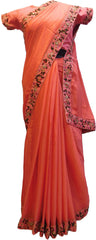Red Designer Wedding Partywear Crepe (Chinon) Stone Sequence Pearl Thread Bullion Hand Embroidery Work Bridal Saree Sari With Ready To Wear Stitched Blouse E076