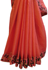Red Designer Wedding Partywear Crepe (Chinon) Stone Sequence Pearl Thread Bullion Hand Embroidery Work Bridal Saree Sari With Ready To Wear Stitched Blouse E076