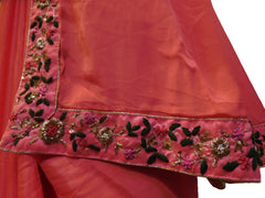 Red Designer Wedding Partywear Crepe (Chinon) Stone Sequence Pearl Thread Bullion Hand Embroidery Work Bridal Saree Sari With Ready To Wear Stitched Blouse E076