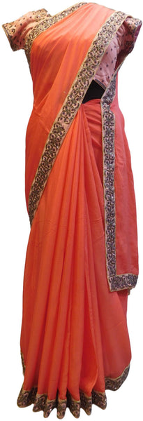 Red Designer Wedding Partywear Crepe (Chinon) Zari Cutdana Beads Hand Embroidery Work Bridal Saree Sari E078