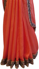 Red Designer Wedding Partywear Crepe (Chinon) Zari Cutdana Beads Hand Embroidery Work Bridal Saree Sari E078