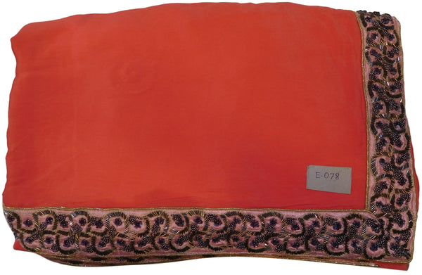 Red Designer Wedding Partywear Crepe (Chinon) Zari Cutdana Beads Hand Embroidery Work Bridal Saree Sari E078