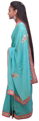 Turquoise Designer Wedding Partywear Crepe (Chinon) Thread Zari Stone Beads Hand Embroidery Work Bridal Saree Sari E079