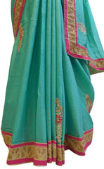 Turquoise Designer Wedding Partywear Crepe (Chinon) Thread Zari Stone Beads Hand Embroidery Work Bridal Saree Sari E079