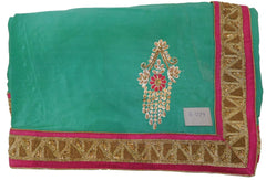 Turquoise Designer Wedding Partywear Crepe (Chinon) Thread Zari Stone Beads Hand Embroidery Work Bridal Saree Sari E079