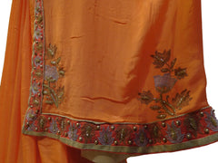 Peach Designer Wedding Partywear Crepe (Chinon) Thread Zari Cutdana Beads Hand Embroidery Work Bridal Saree Sari E080