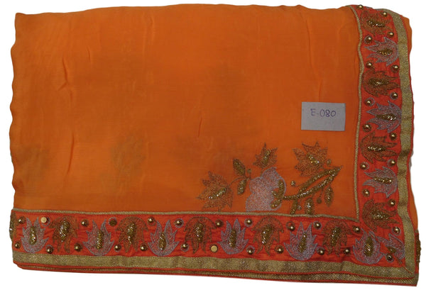 Peach Designer Wedding Partywear Crepe (Chinon) Thread Zari Cutdana Beads Hand Embroidery Work Bridal Saree Sari E080