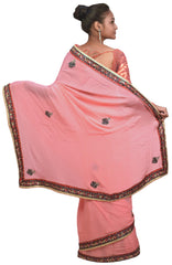 Pink Designer Wedding Partywear Crepe (Chinon) Gota Sequence Cutdana Beads Hand Embroidery Work Bridal Saree Sari E082
