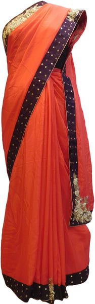 Red Designer Wedding Partywear Crepe (Chinon) Bullion Pearl Sequence Cutdana Beads Hand Embroidery Work Bridal Saree Sari E084