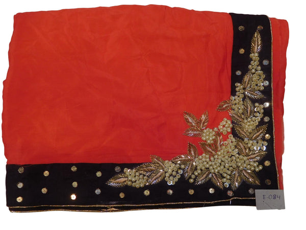 Red Designer Wedding Partywear Crepe (Chinon) Bullion Pearl Sequence Cutdana Beads Hand Embroidery Work Bridal Saree Sari E084