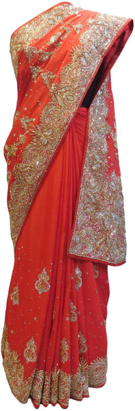 Red Designer Wedding Partywear Crepe (Chinon) Stone Bullion Hand Embroidery Work Bridal Saree Sari E085