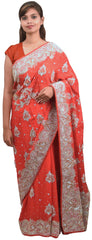 Red Designer Wedding Partywear Crepe (Chinon) Stone Bullion Hand Embroidery Work Bridal Saree Sari E085