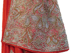 Red Designer Wedding Partywear Crepe (Chinon) Stone Bullion Hand Embroidery Work Bridal Saree Sari E085