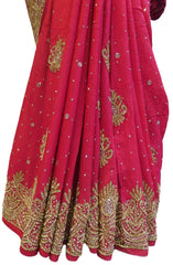 Pink Designer Wedding Partywear Crepe (Chinon) Stone Bullion Hand Embroidery Work Bridal Saree Sari E086