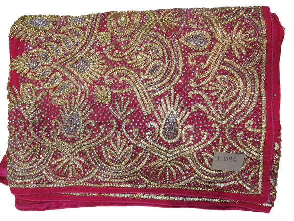 Pink Designer Wedding Partywear Crepe (Chinon) Stone Bullion Hand Embroidery Work Bridal Saree Sari E086