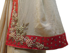 Beige Designer Wedding Partywear Crepe (Chinon) Bullion Pearl Sequence Cutdana Beads Hand Embroidery Work Bridal Saree Sari E087