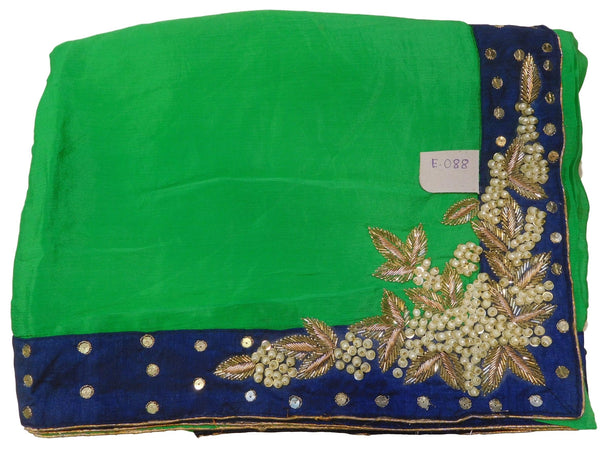 Green Designer Wedding Partywear Crepe (Chinon) Bullion Pearl Sequence Cutdana Beads Hand Embroidery Work Bridal Saree Sari E088