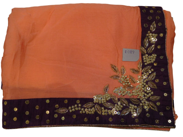 Peach Designer Wedding Partywear Crepe (Chinon) Bullion Pearl Sequence Cutdana Beads Hand Embroidery Work Bridal Saree Sari E089