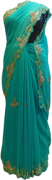 Turquoise Designer Wedding Partywear Georgette Cutdana Thread Stone Hand Embroidery Work Bridal Saree Sari E090