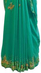 Turquoise Designer Wedding Partywear Georgette Cutdana Thread Stone Hand Embroidery Work Bridal Saree Sari E090