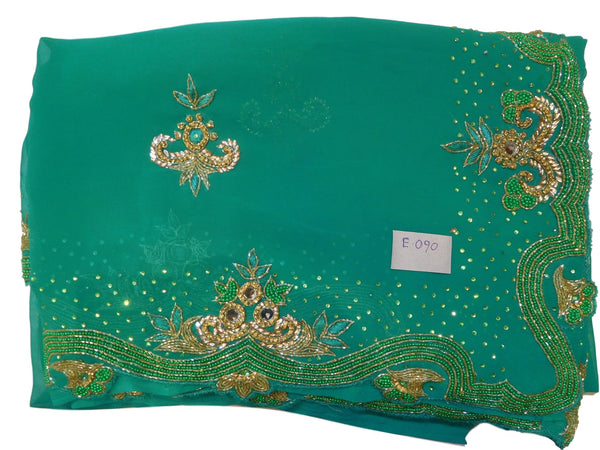 Turquoise Designer Wedding Partywear Georgette Cutdana Thread Stone Hand Embroidery Work Bridal Saree Sari E090