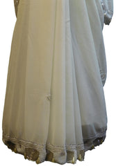 Cream Designer Wedding Partywear Georgette Cutdana Pearl Bullion Stone Hand Embroidery Work Bridal Saree Sari E092