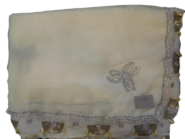 Cream Designer Wedding Partywear Georgette Cutdana Pearl Bullion Stone Hand Embroidery Work Bridal Saree Sari E092