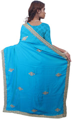 Turquoise Designer Wedding Partywear Silk Zari Stone Cutdana Hand Embroidery Work Bridal Saree Sari E093