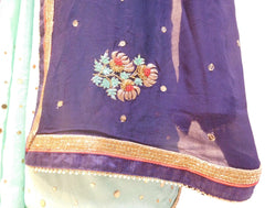 Navy Blue & Turquoise Designer Wedding Partywear Crepe (Chinon) Thread Bullion Pearl Sequence Cutdana Beads Hand Embroidery Work Bridal Saree Sari E094