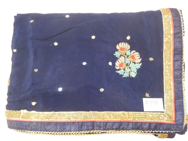 Navy Blue & Turquoise Designer Wedding Partywear Crepe (Chinon) Thread Bullion Pearl Sequence Cutdana Beads Hand Embroidery Work Bridal Saree Sari E094