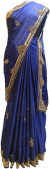 Blue Designer Wedding Partywear Silk Beads Stone Cutdana Hand Embroidery Work Bridal Saree Sari E095