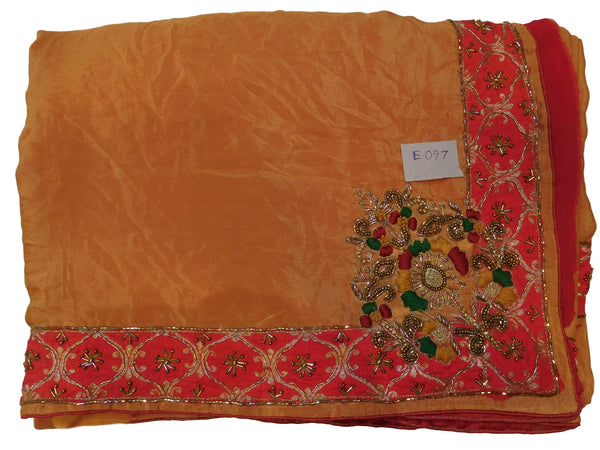 Peach Designer Wedding Partywear Crepe (Chinon) Thread Bullion Pearl Sequence Cutdana Beads Hand Embroidery Work Bridal Saree Sari E097