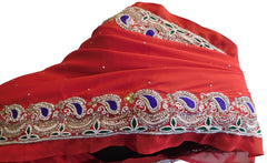 Red Designer Wedding Partywear Georgette Cutdana Thread Stone Hand Embroidery Work Bridal Saree Sari E098
