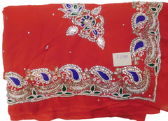 Red Designer Wedding Partywear Georgette Cutdana Thread Stone Hand Embroidery Work Bridal Saree Sari E098
